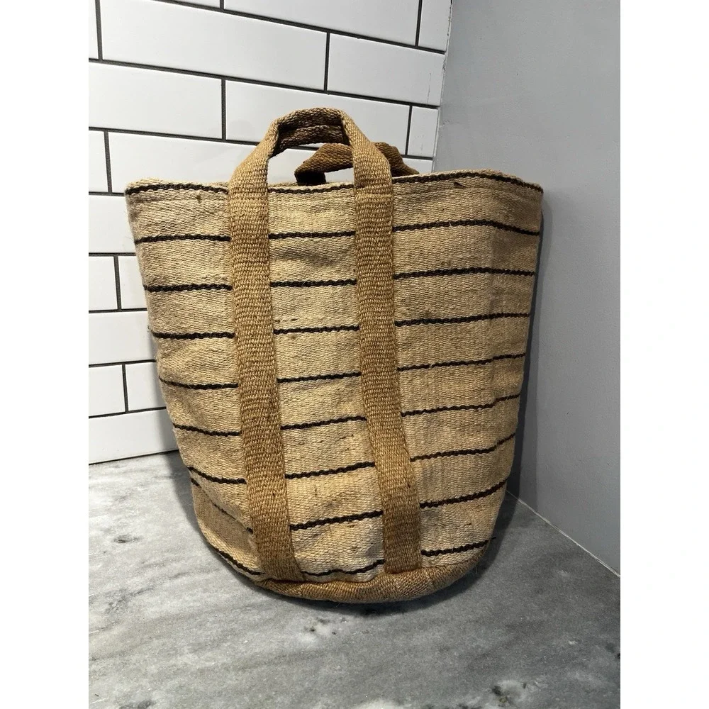 Creative Co-op Large Striped Jute Tote Bag‎ With Handles- Storage-Basket-plants